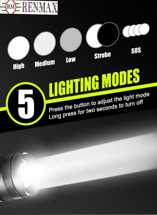 RENMAX High Bright Zoomable Torch Tactical Flashlight | 5-Lighting Modes | Rechargeable | for Emergency, Outdoor, Home, Camping, Hiking| Rainproof Metal Body -1 Pc (18 Cm Black) - Image 5